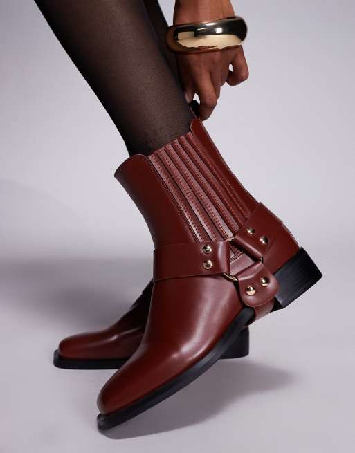 Simmi London Bradshaw low ankle boots with harness detail in burgundy, 2 of 4