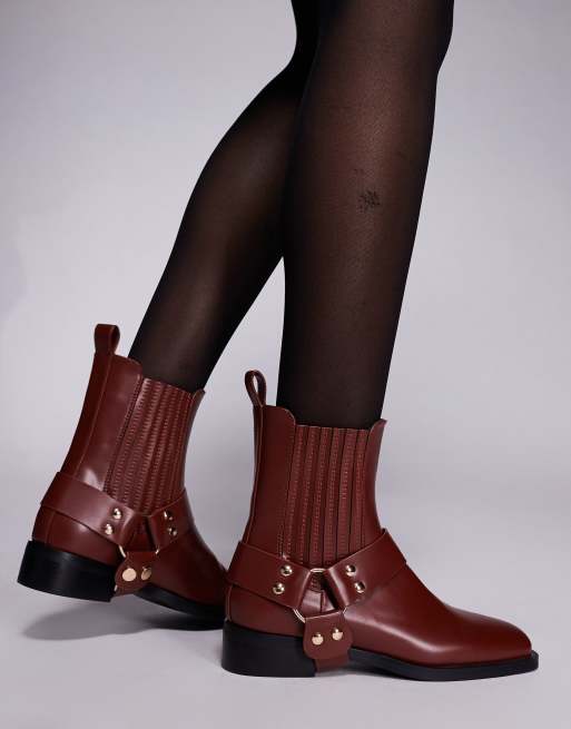 Simmi London Bradshaw low ankle boots with harness detail in burgundy, 3 of 4