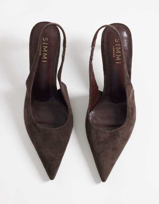 Simmi London bred passform Laylin spetsiga slingback-pumps i brun suedette, 2 av 4