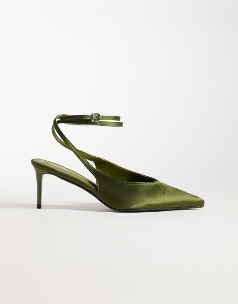 Simmi London bred passform Sonika pumps med knytning runt benet och klack i olivfärgad satin - view 1