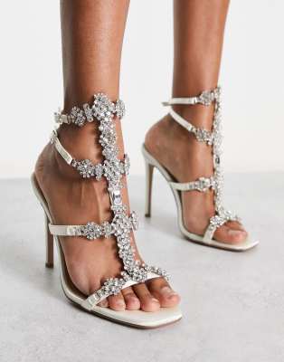 Simmi London Bridal Isabeau embellished heeled sandals in ivory satin-White