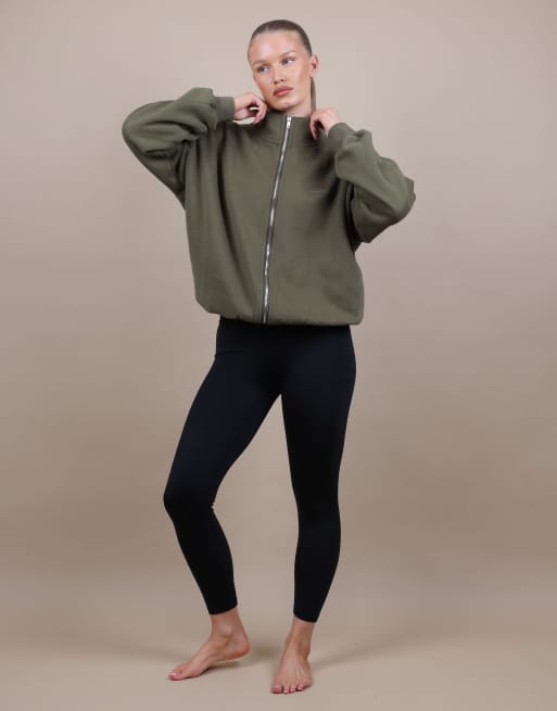 Simmi London Bronte zip through funnel neck sweatshirt in olive, 3 of 4