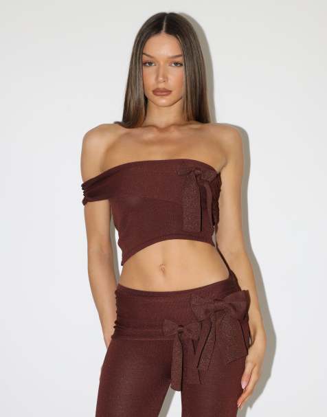 Simmi London Calista bow knit off-shoulder top in brown - view 1