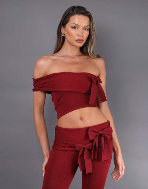 Simmi London Calista bow knit off-shoulder top in red - view 1