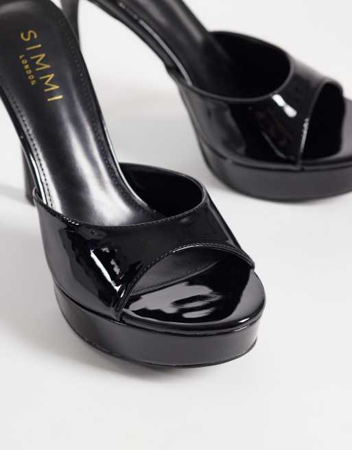 Simmi London Camellia platform heel mule sandals in black patent, 3 of 4