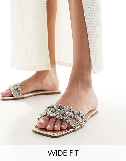 Simmi London - Capri - Versierde platte sandalen met brede pasvorm in goud