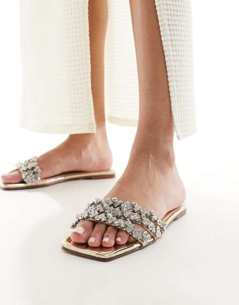 Simmi London – Capri – Verzierte, goldfarbene flache Sandalen - view 1