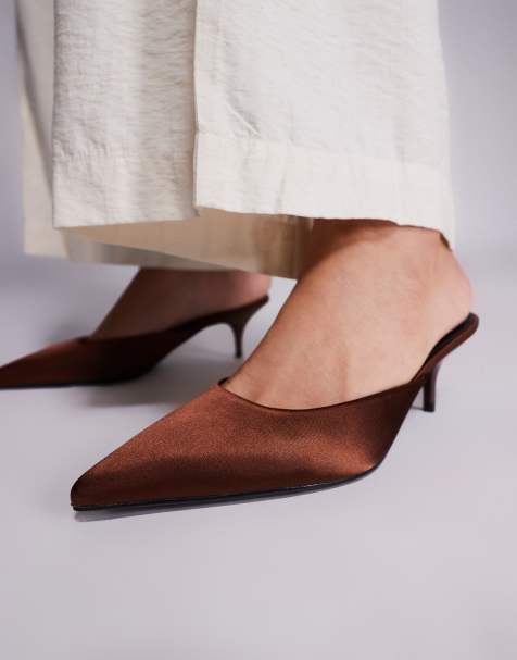 Simmi London Carson kitten heel mules in chocolate satin - view 1