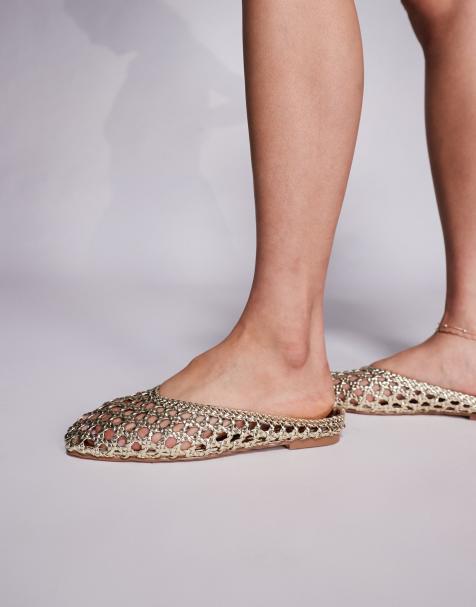 Simmi London Cassius woven flat mules in gold metallic PU - view 1