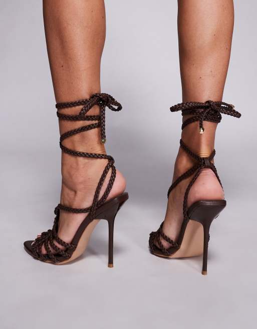 Simmi London Catalina wrap leg heeled sandals in chocolate PU, 2 of 4