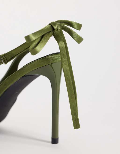Simmi London Celina Slingback-Schuhe mit Absatz und Schleifendetail in Oliv-Satin, 2 von 4