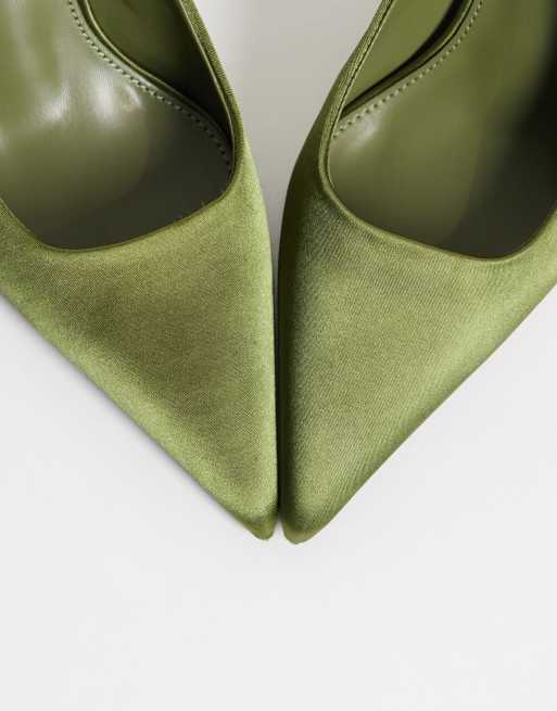 Simmi London Celina Slingback-Schuhe mit Absatz und Schleifendetail in Oliv-Satin, 3 von 4