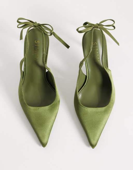 Simmi London Celina Slingback-Schuhe mit Absatz und Schleifendetail in Oliv-Satin, 4 von 4