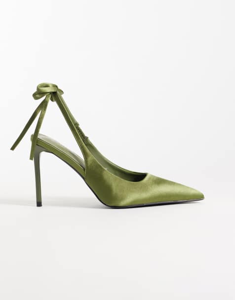 Simmi London Celina slingback-skor med klack och rosettdetalj i olivfärgad satin - view 1