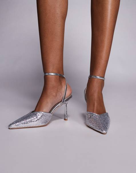 SIMMI London – Cherie – Verzierte Absatzschuhe in Silberspiegel mit Schnürung am Bein - view 1