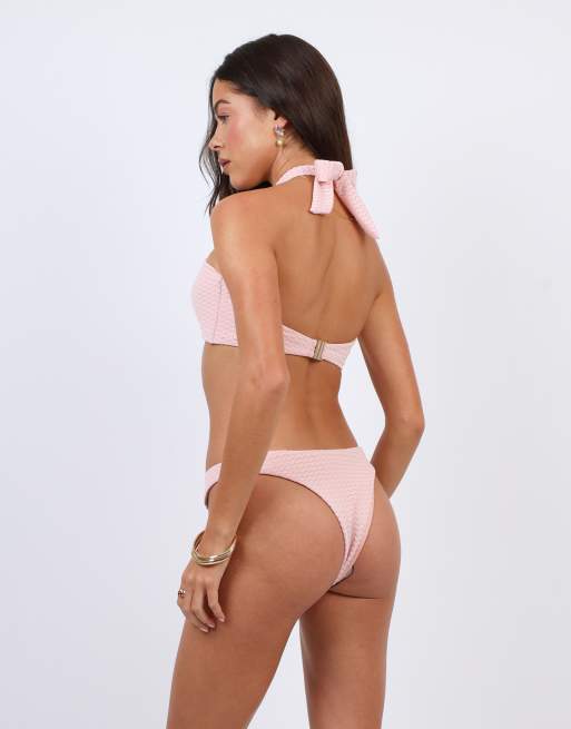 Simmi London Chevron halter bikini top with ring detail in pink, 4 of 4