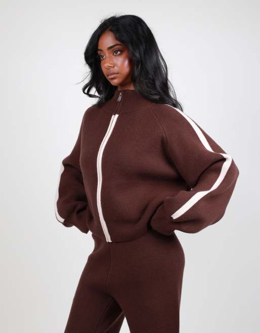 Simmi London Chunky knit bomber in brown, 2 of 5