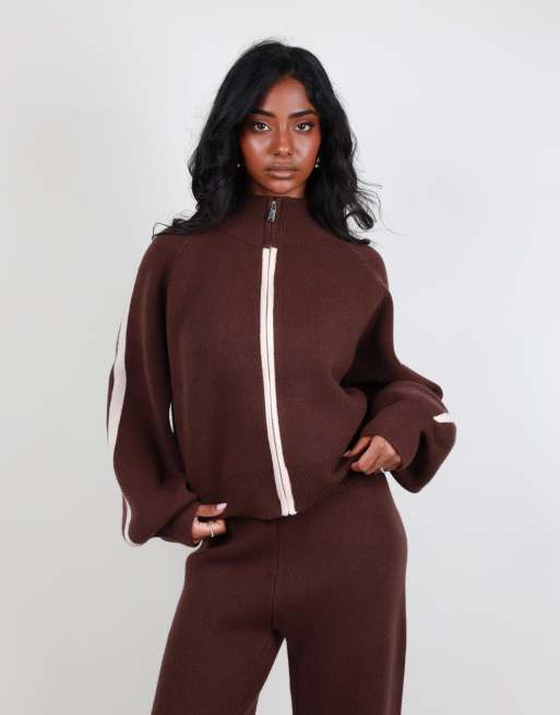 Simmi London Chunky knit bomber in brown, 3 of 5