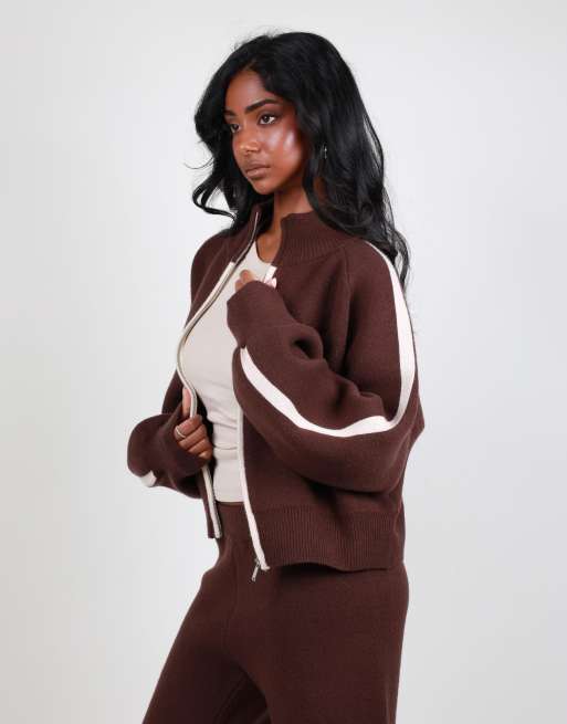 Simmi London Chunky knit bomber in brown, 4 of 5