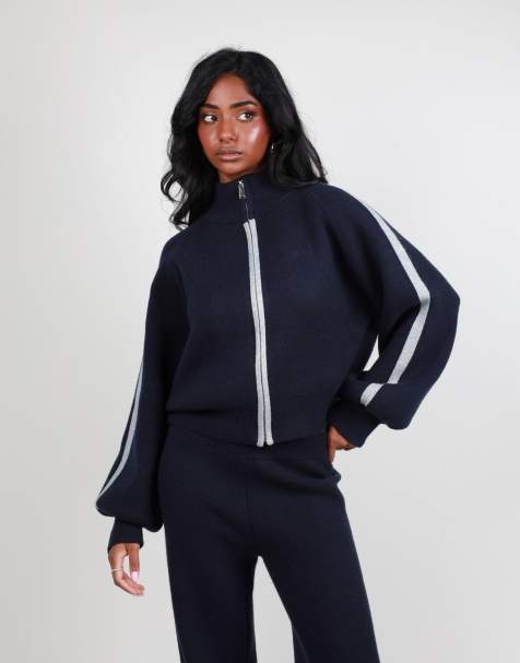 Simmi London Chunky knit bomber in navy - view 1