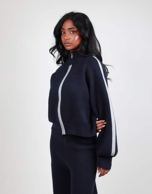 Simmi London Chunky knit bomber in navy, 2 of 4