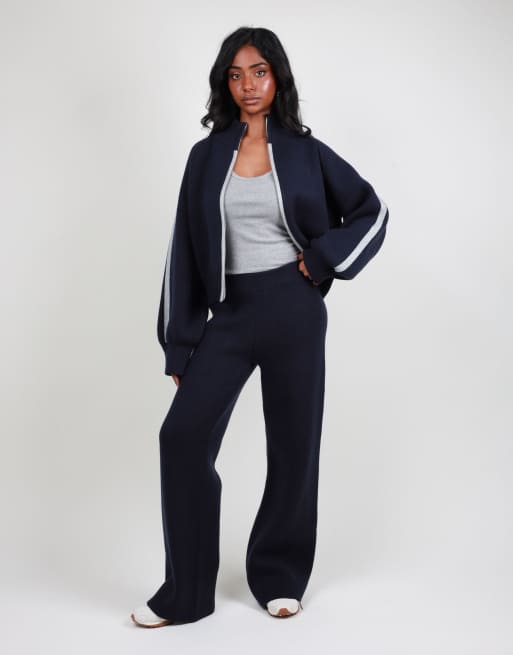 Simmi London Chunky knit bomber in navy, 3 of 4