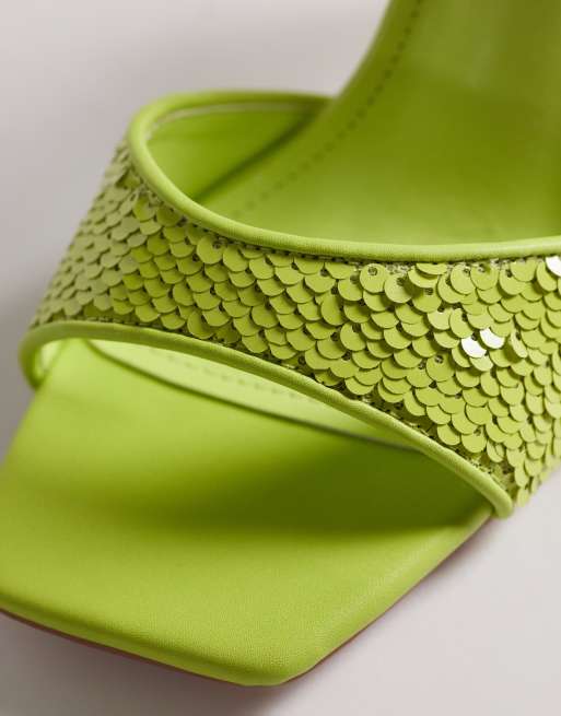 Simmi London Cindy heeled sandals with sequins in green, 2 of 4