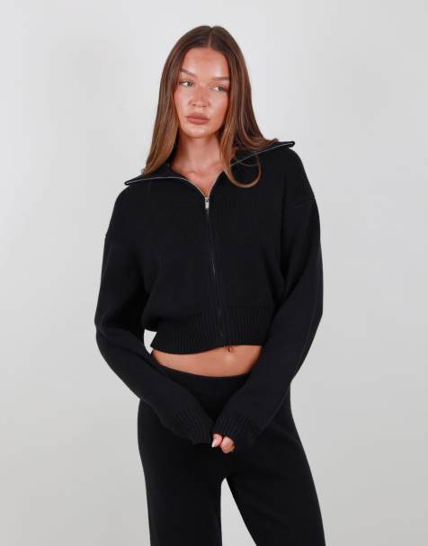 Simmi London Collared knit zip up sweater in black - view 1