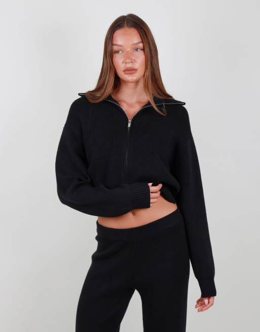 Simmi London Collared knit zip up sweater in black, 2 of 4