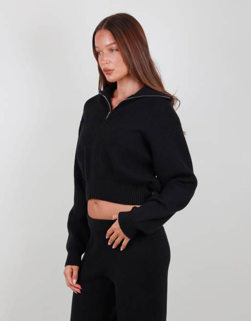 Simmi London Collared knit zip up sweater in black, 3 of 4