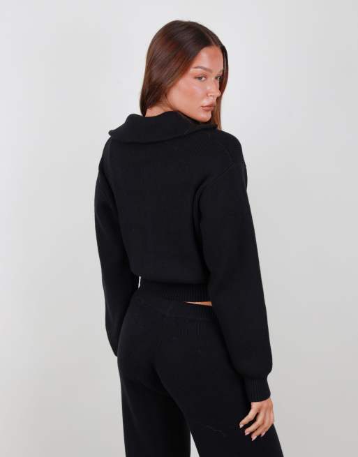 Simmi London Collared knit zip up sweater in black, 4 of 4