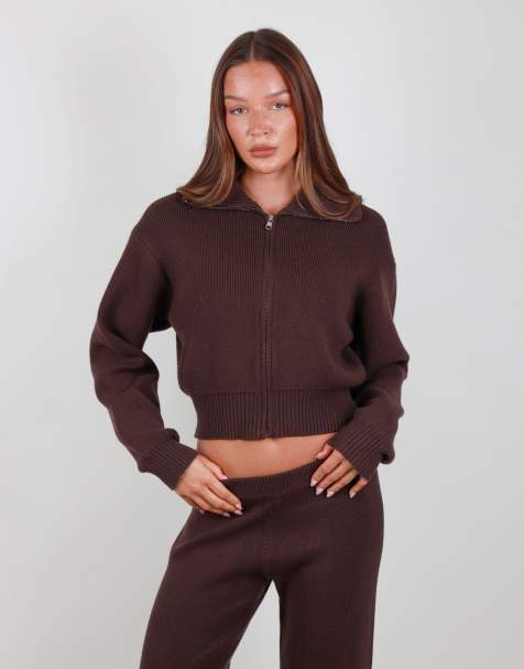 Simmi London Collared knit zip up sweater in brown - view 1