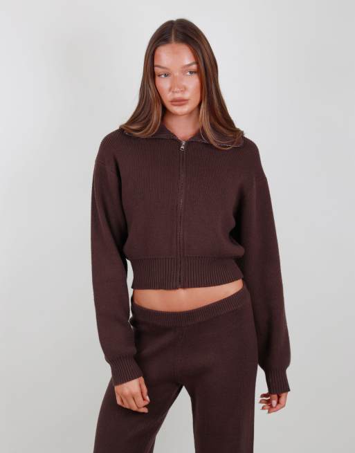 Simmi London Collared knit zip up sweater in brown, 3 of 4