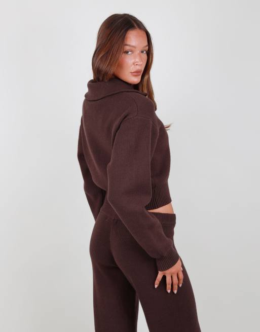 Simmi London Collared knit zip up sweater in brown, 4 of 4