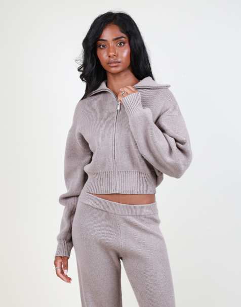 Simmi London Collared knit zip up sweater in mocha - view 1