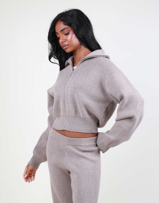 Simmi London Collared knit zip up sweater in mocha, 3 of 4