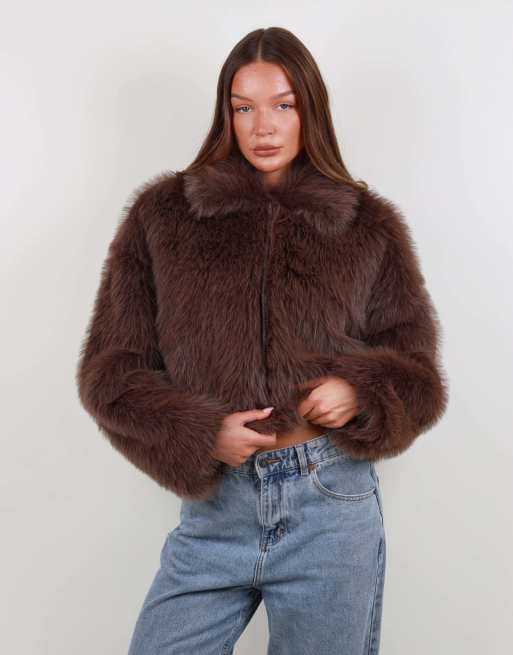 Simmi London Collared zip through faux fur coat in brown, 3 of 5
