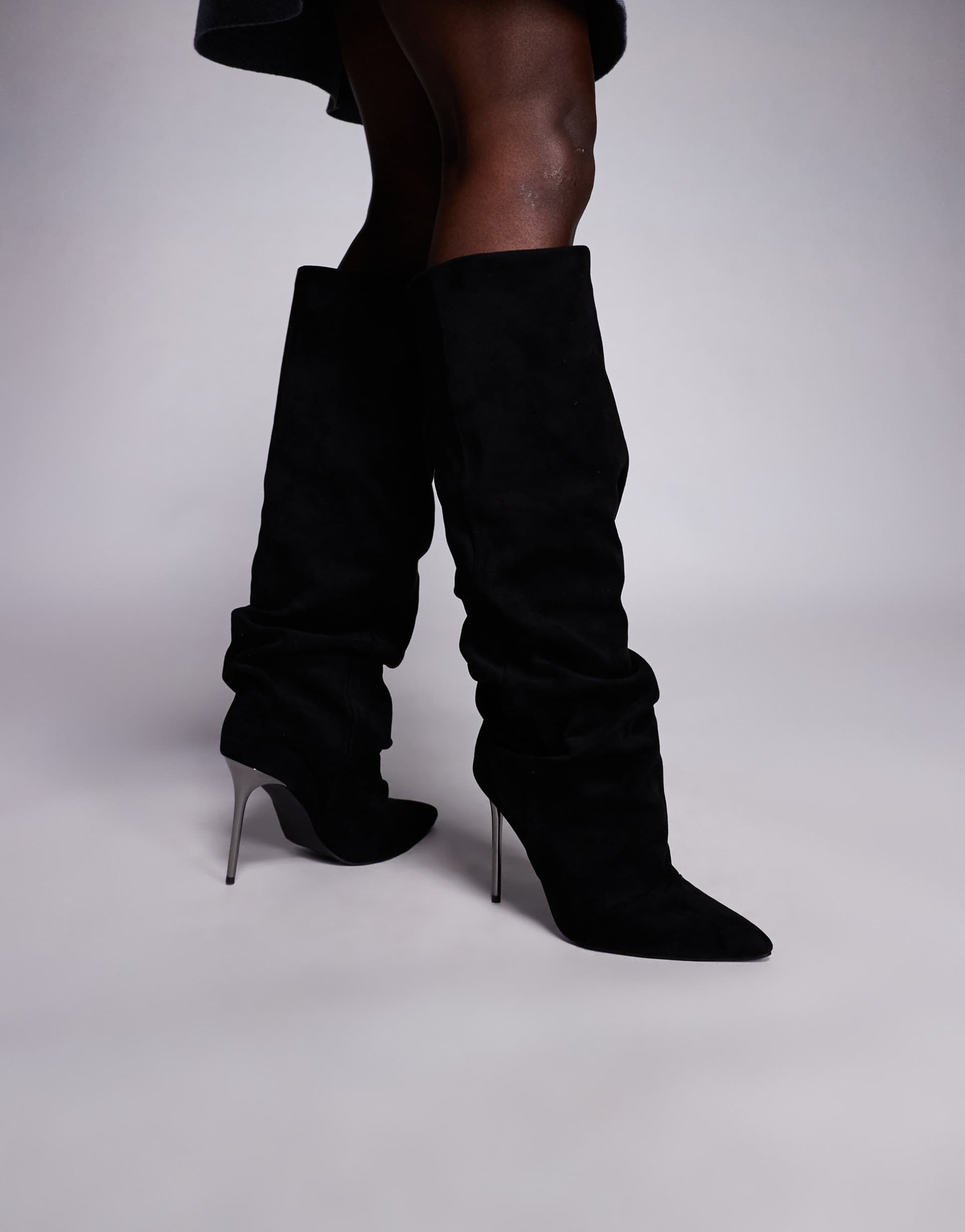 simmi london cotton stiletto heel ruched knee boots in black suede