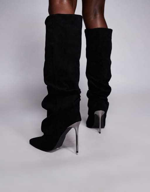 Simmi London Cotton stiletto heel ruched knee boots in black suede