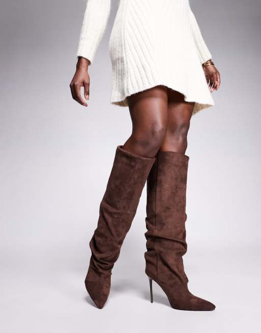 Simmi London Cotton stiletto heel ruched knee boots in expresso suede