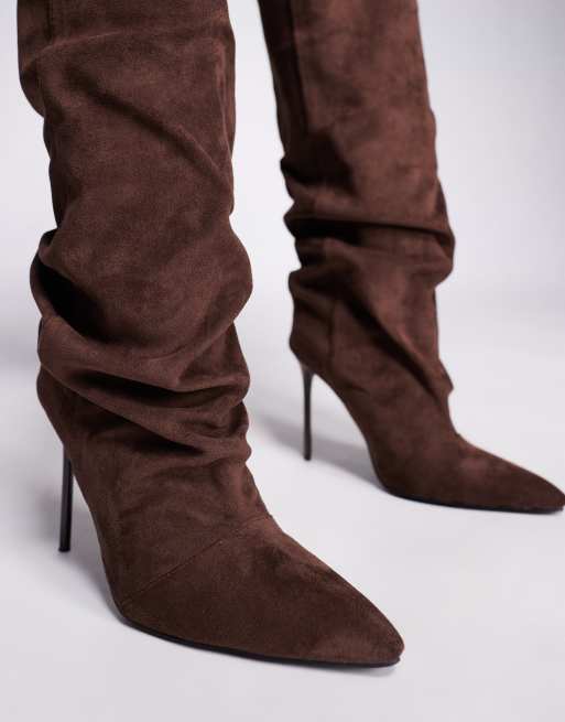 Simmi London Cotton stiletto heel ruched knee boots in expresso suede