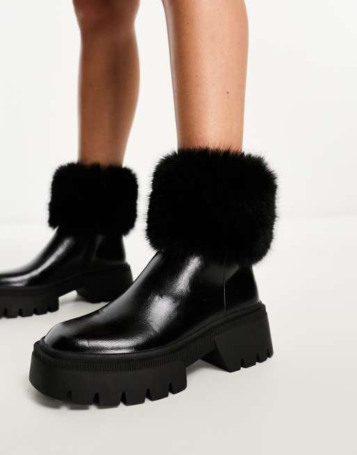 Black ankle boots cheap with fur trim