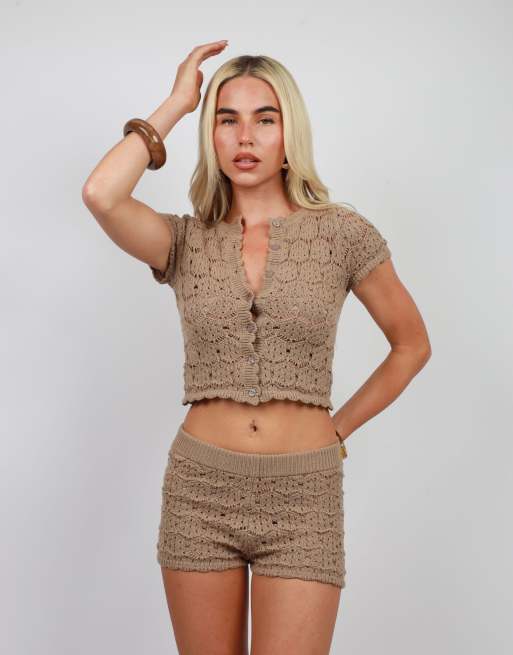 Simmi London Crochet festival knit short sleeve cardigan in mocha, 2 of 4