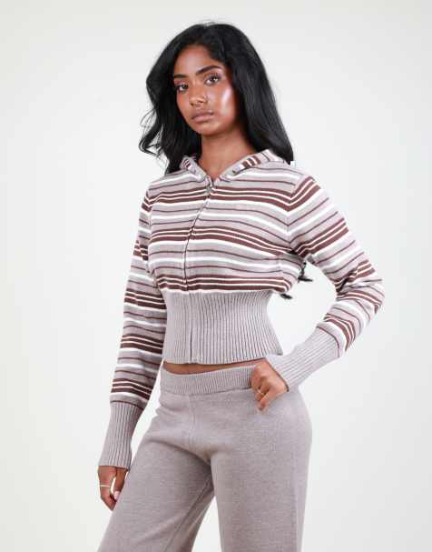 Simmi London Cropped stripe knit zip hoodie in brown - view 1