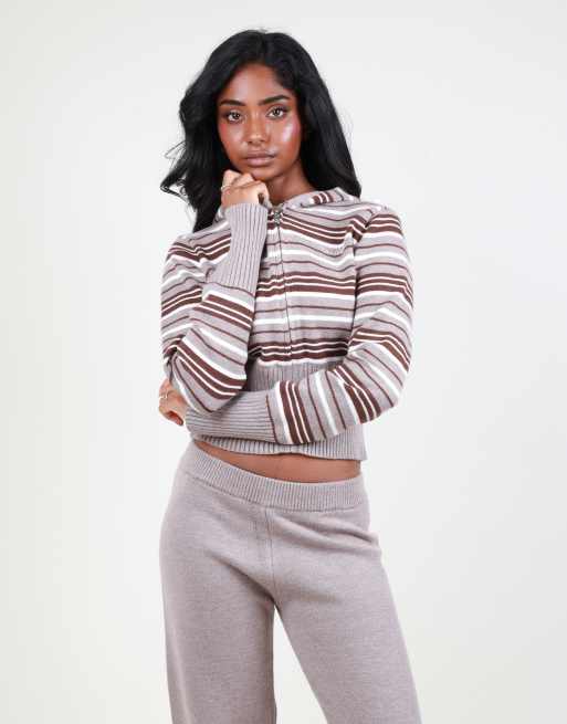 Simmi London Cropped stripe knit zip hoodie in brown, 2 of 4