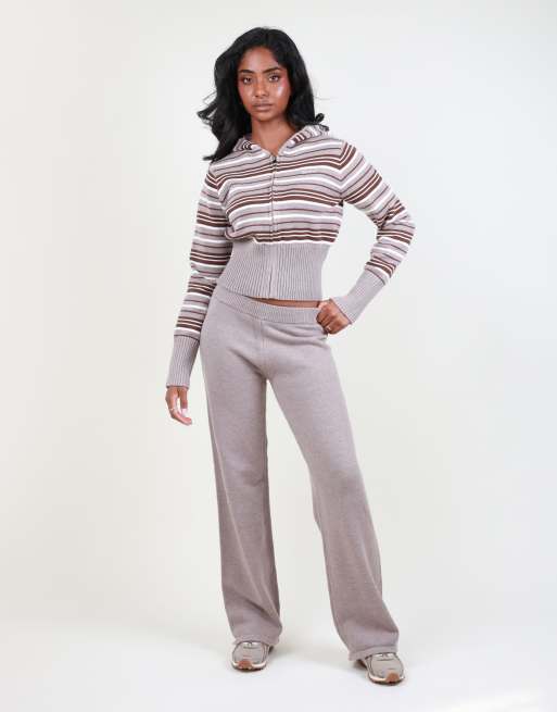 Simmi London Cropped stripe knit zip hoodie in brown, 3 of 4