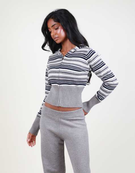Simmi London Cropped stripe knit zip hoodie in grey - view 1