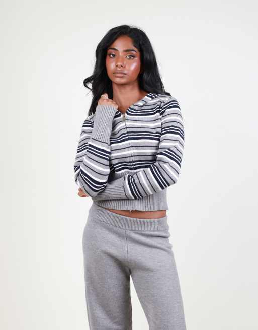 Simmi London Cropped stripe knit zip hoodie in grey, 3 of 4