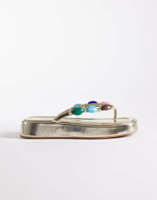Simmi Shoes Simmi London Daisy Flatform Flip Flops With Stones In Gold