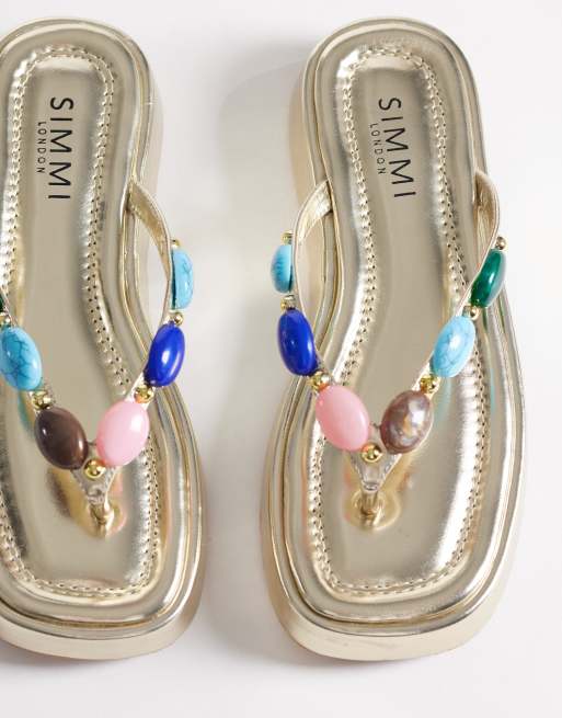 Simmi London Daisy flatform flip flops with stones in gold, 2 of 4